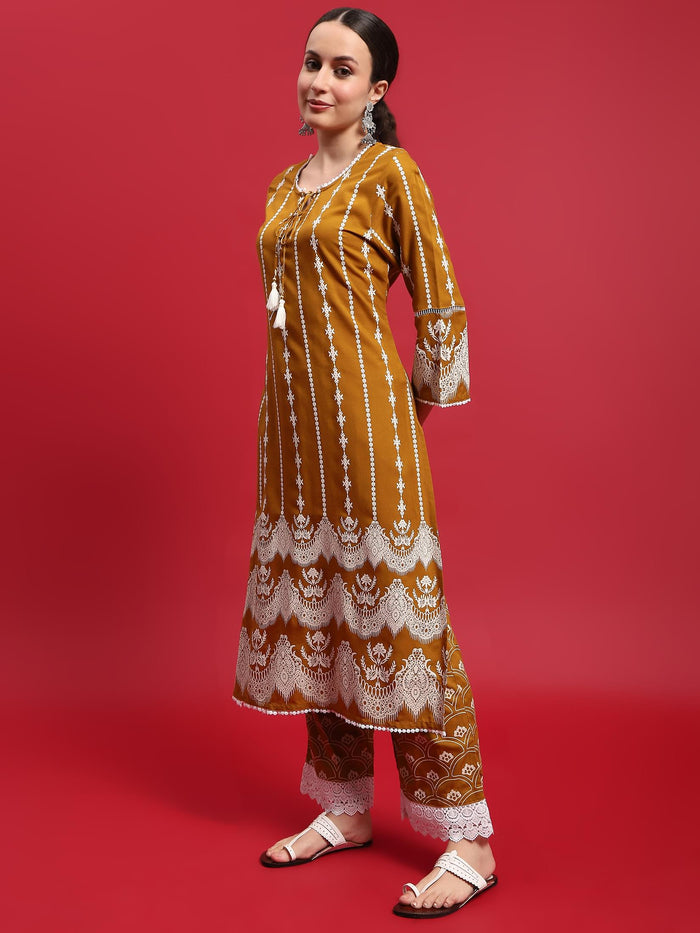 Women Liva Rayon Mustard Ornamental Print Kurta With Comfort Pant.