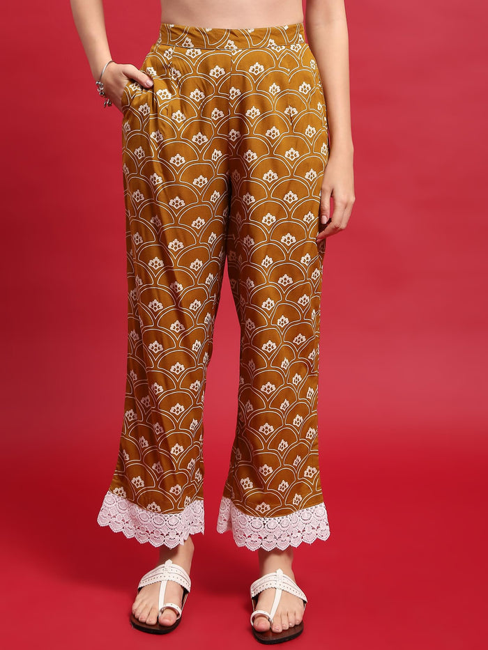 Women Liva Rayon Mustard Ornamental Print Kurta With Comfort Pant.