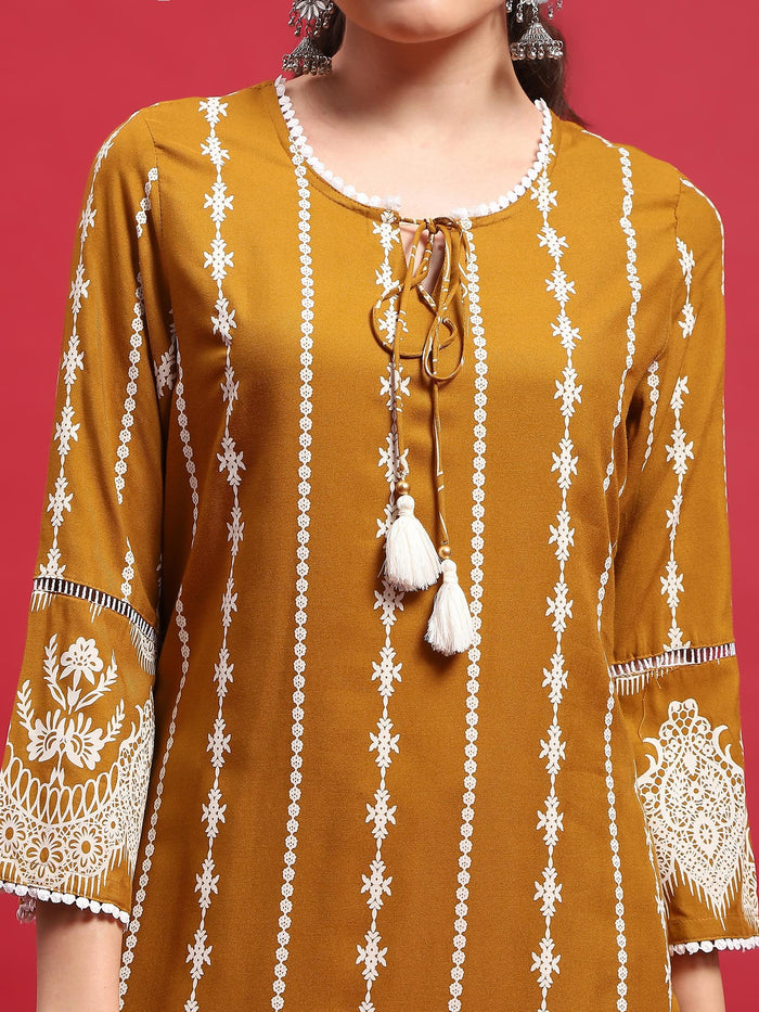 Women Liva Rayon Mustard Ornamental Print Kurta With Comfort Pant.