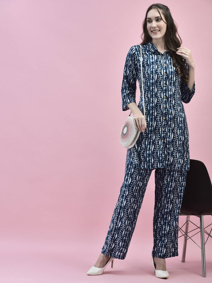 Women Liva Rayon Navy Blue Abstract Print Kurta With Comfort Pant.