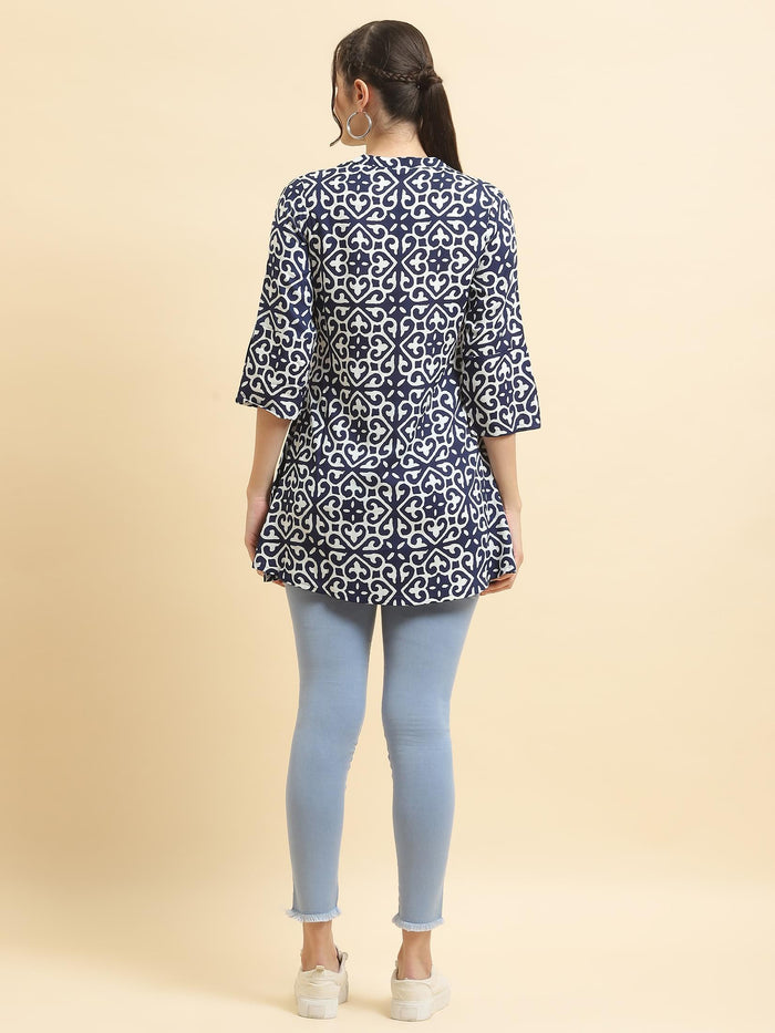 Women Liva Rayon Navy Blue Geometric Print Tunic.