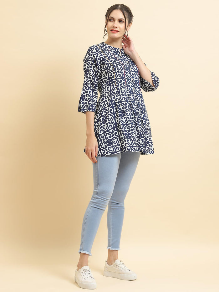Women Liva Rayon Navy Blue Geometric Print Tunic.