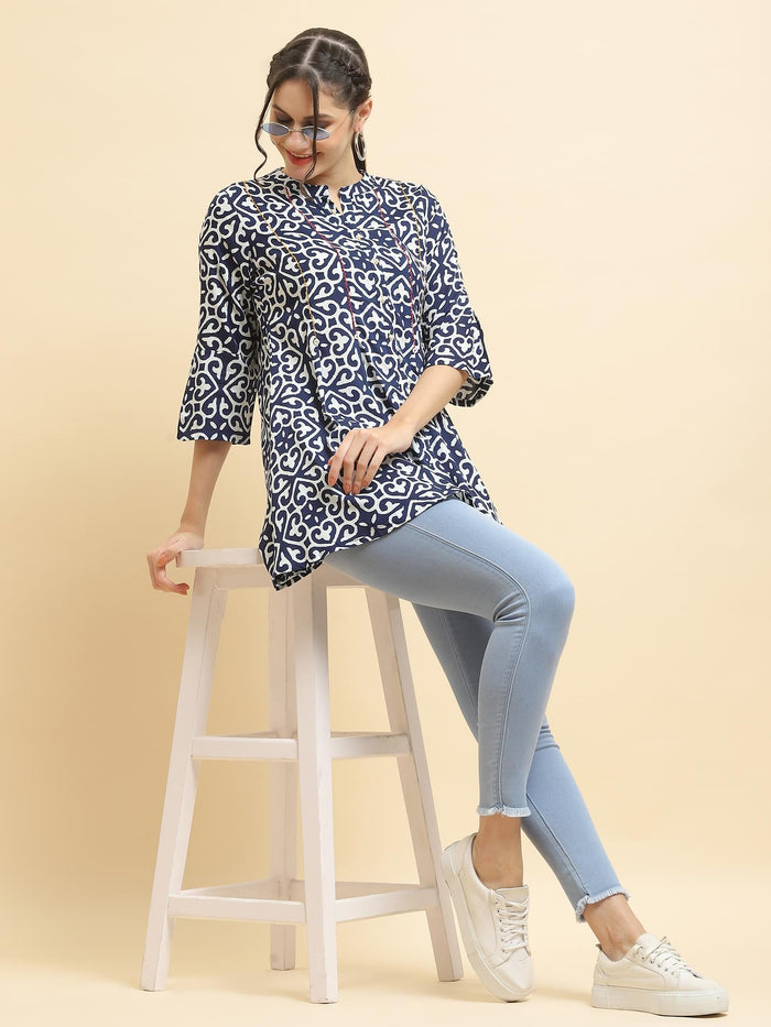 Women Liva Rayon Navy Blue Geometric Print Tunic.