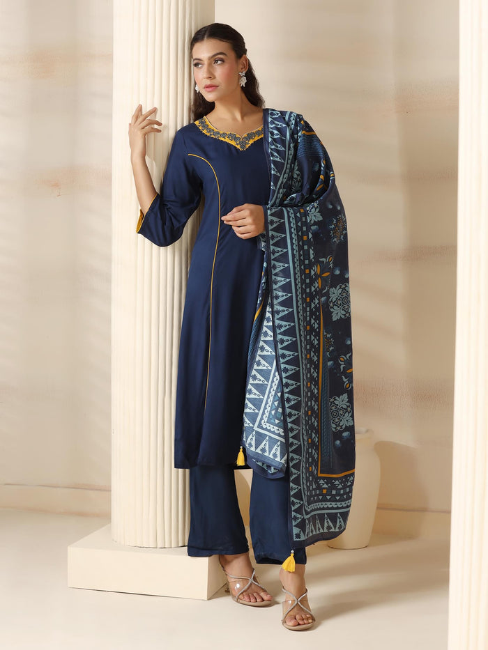 Women Liva (Rayon) Navy Blue Solid Kurta Comfort Pant Dupatta.
