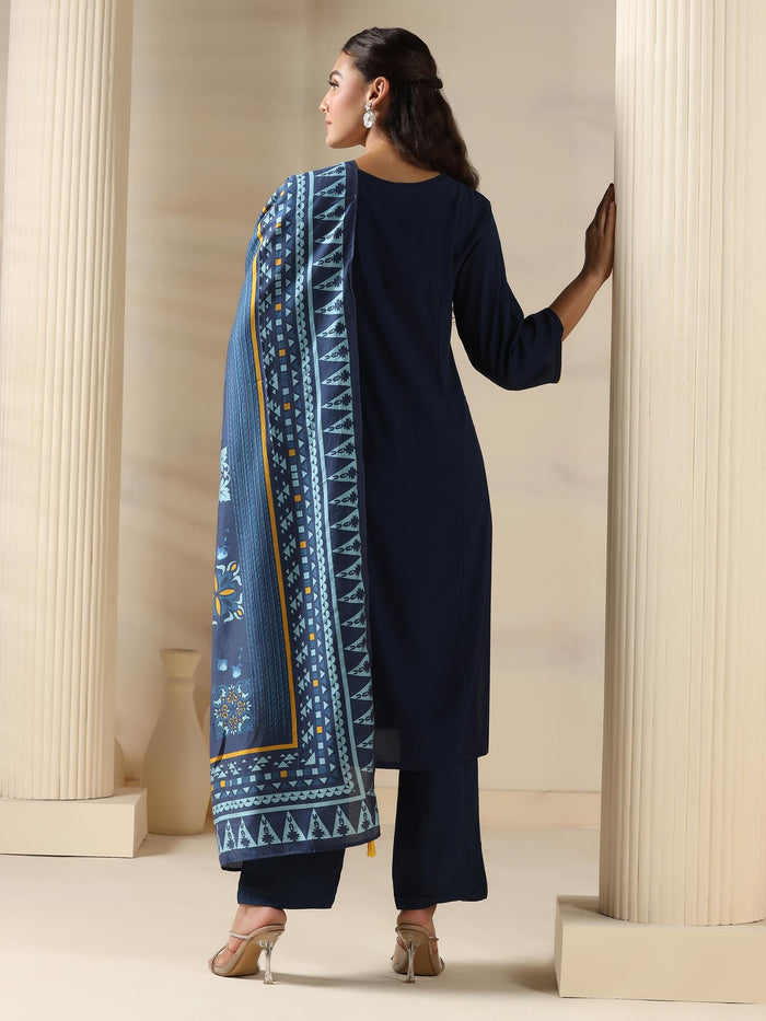 Women Liva (Rayon) Navy Blue Solid Kurta Comfort Pant Dupatta.