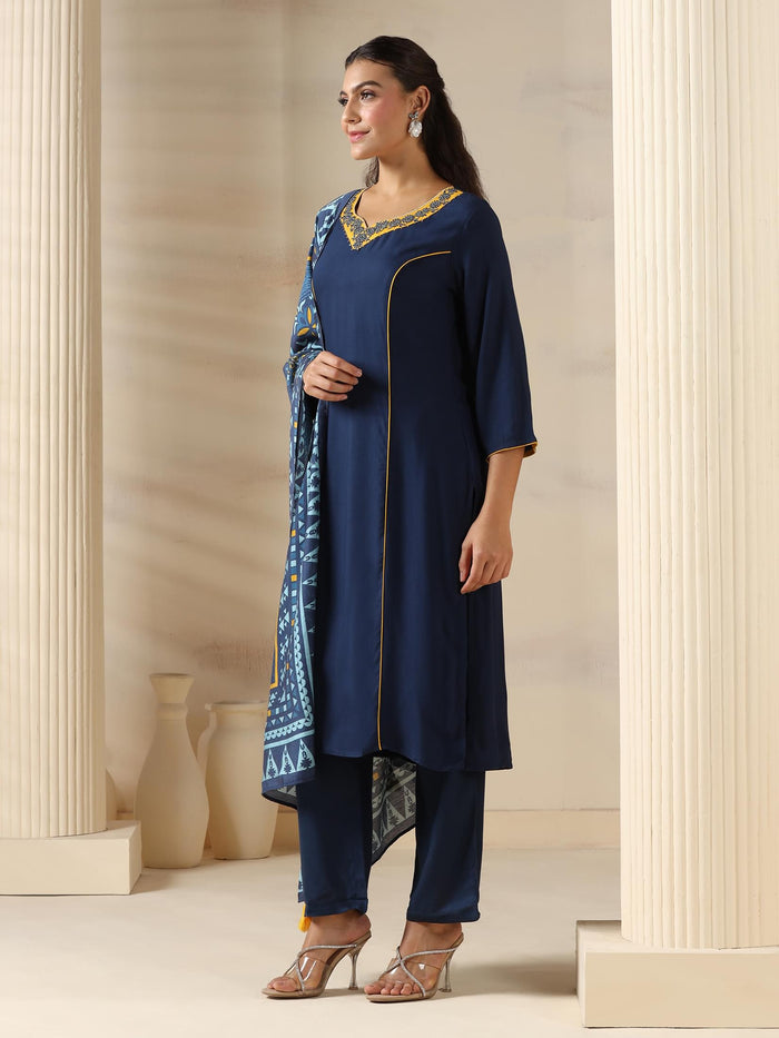 Women Liva (Rayon) Navy Blue Solid Kurta Comfort Pant Dupatta.