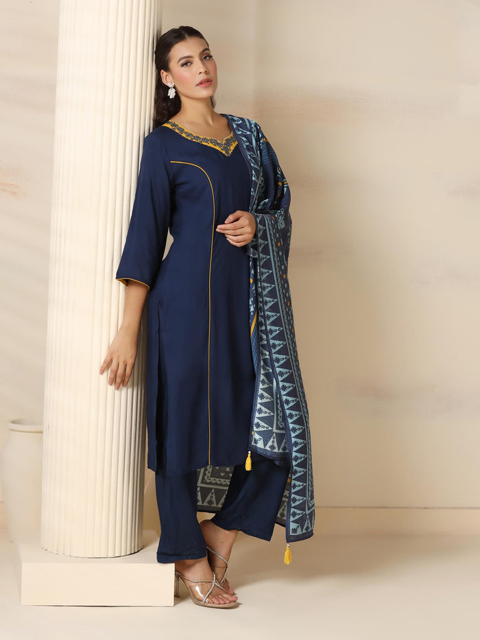 Women Liva (Rayon) Navy Blue Solid Kurta Comfort Pant Dupatta.