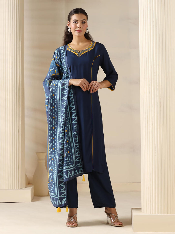 Women Liva (Rayon) Navy Blue Solid Kurta Comfort Pant Dupatta.