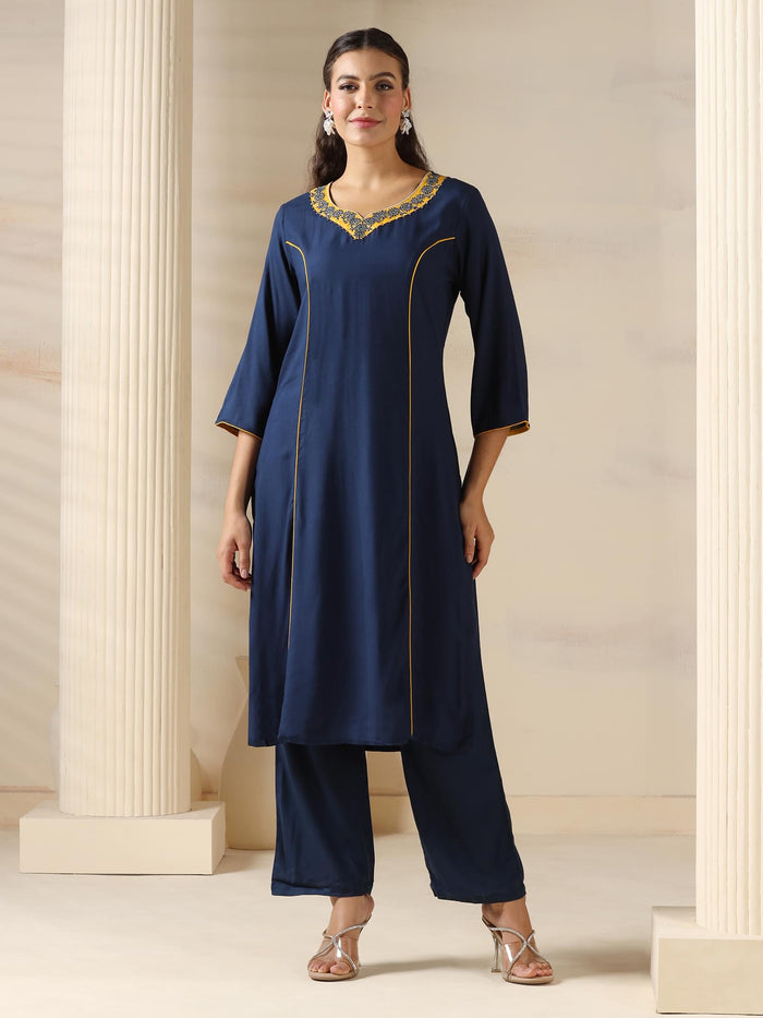 Women Liva (Rayon) Navy Blue Solid Kurta Comfort Pant Dupatta.