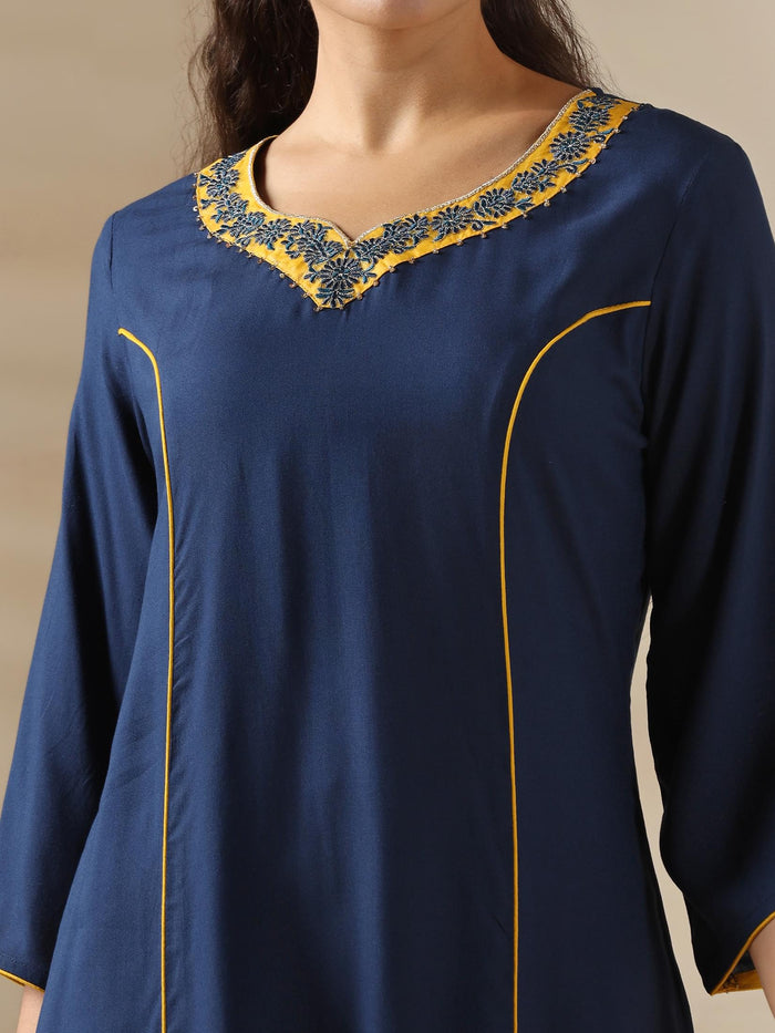 Women Liva (Rayon) Navy Blue Solid Kurta Comfort Pant Dupatta.