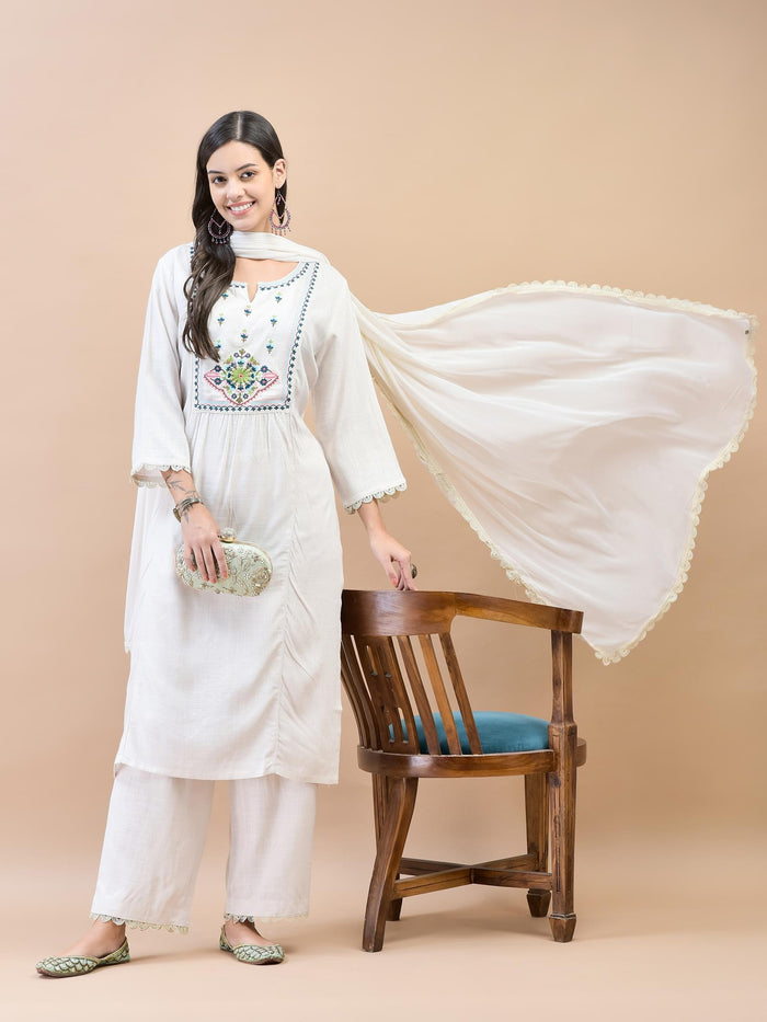 Women Liva (Rayon) Off White Embroidered Kurta Comfort Pant Dupatta.