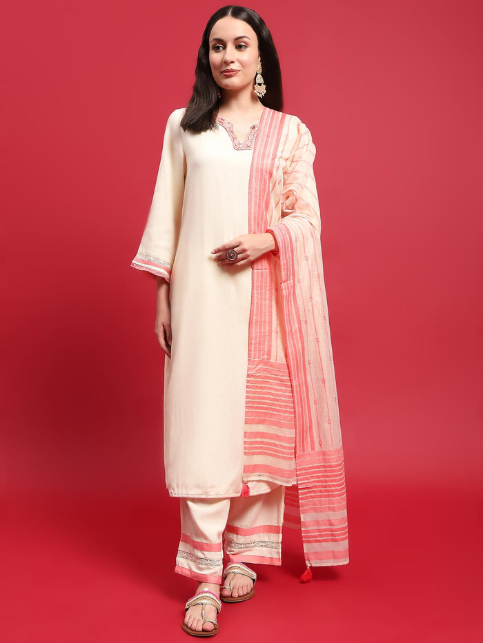 Women Liva (Rayon) Off White Embroidered Kurta Comfort Pant Dupatta.
