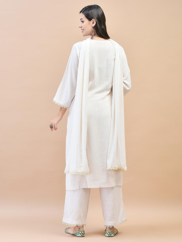 Women Liva (Rayon) Off White Embroidered Kurta Comfort Pant Dupatta.