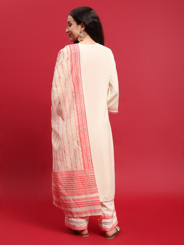 Women Liva (Rayon) Off White Embroidered Kurta Comfort Pant Dupatta.