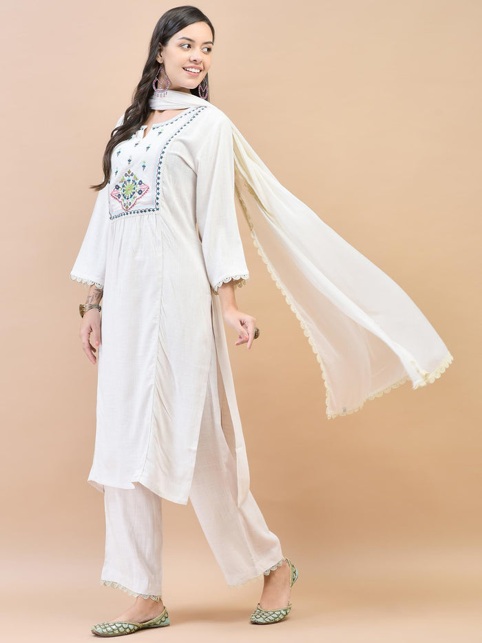 Women Liva (Rayon) Off White Embroidered Kurta Comfort Pant Dupatta.