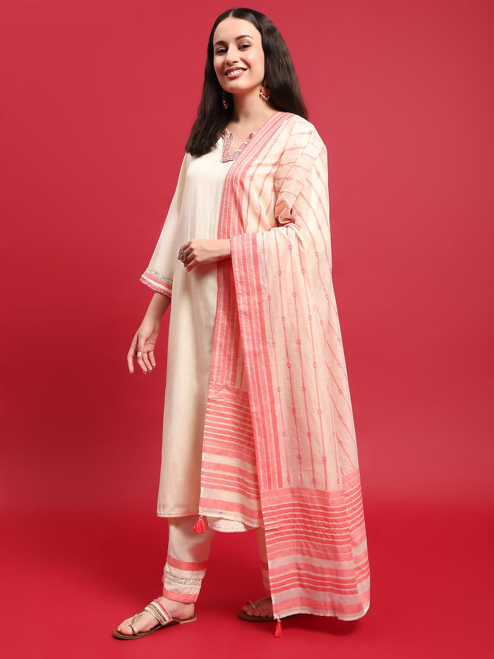 Women Liva (Rayon) Off White Embroidered Kurta Comfort Pant Dupatta.