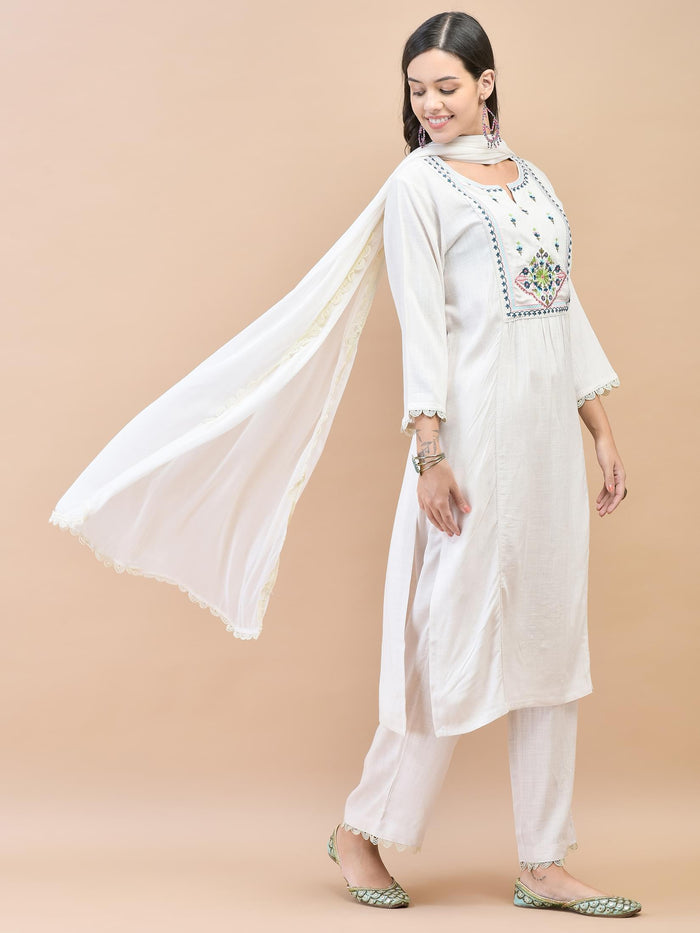Women Liva (Rayon) Off White Embroidered Kurta Comfort Pant Dupatta.