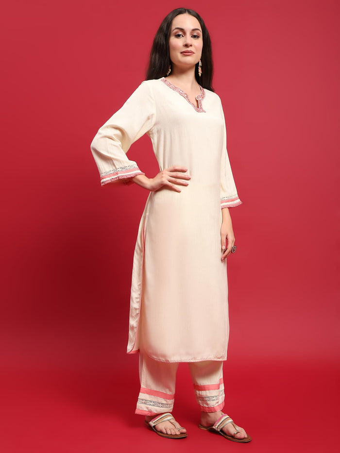 Women Liva (Rayon) Off White Embroidered Kurta Comfort Pant Dupatta.