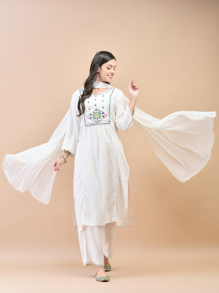 Women Liva (Rayon) Off White Embroidered Kurta Comfort Pant Dupatta.