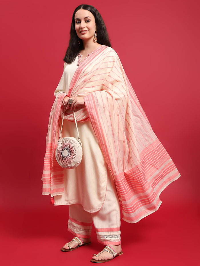 Women Liva (Rayon) Off White Embroidered Kurta Comfort Pant Dupatta.