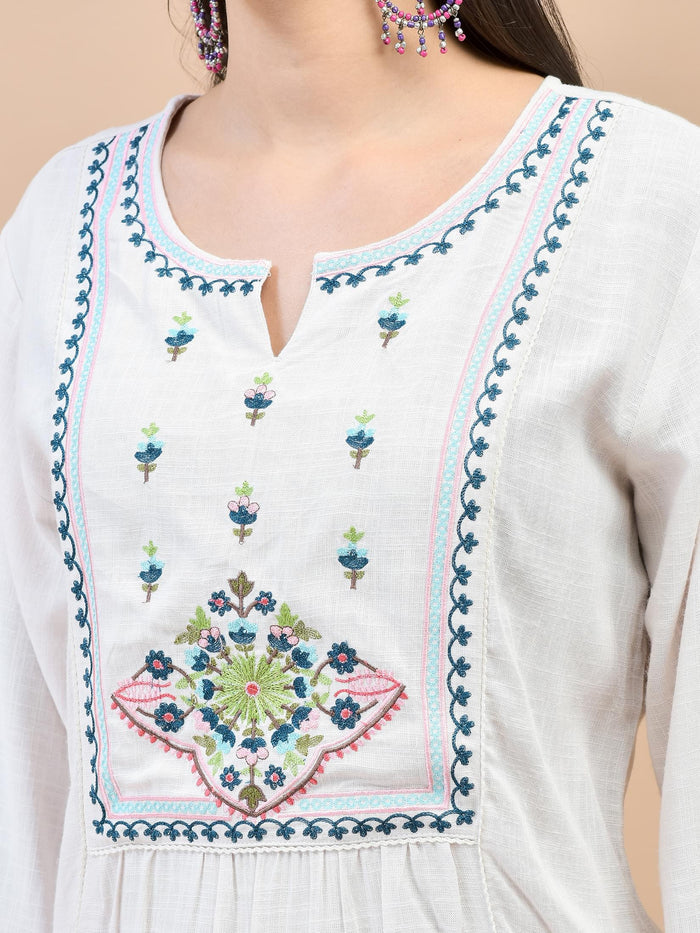 Women Liva (Rayon) Off White Embroidered Kurta Comfort Pant Dupatta.