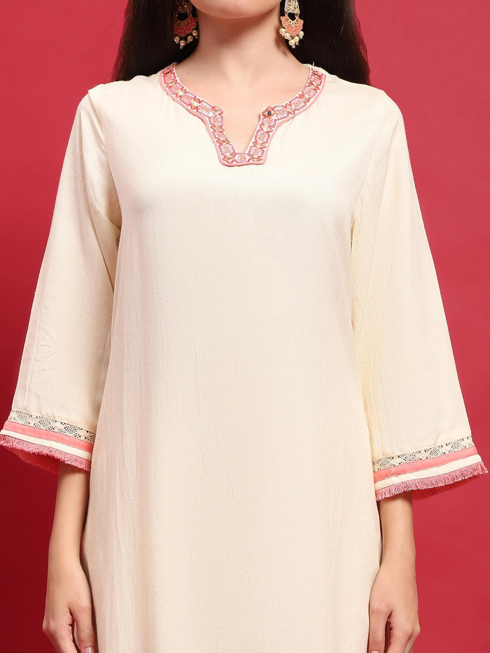Women Liva (Rayon) Off White Embroidered Kurta Comfort Pant Dupatta.