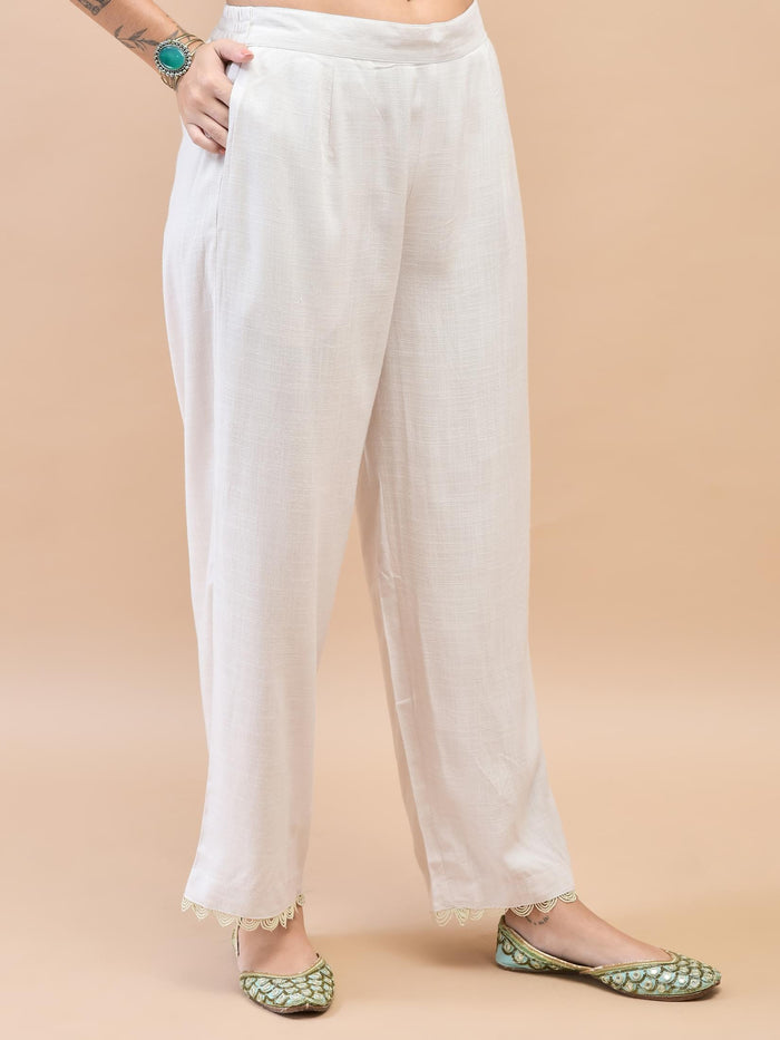Women Liva (Rayon) Off White Embroidered Kurta Comfort Pant Dupatta.