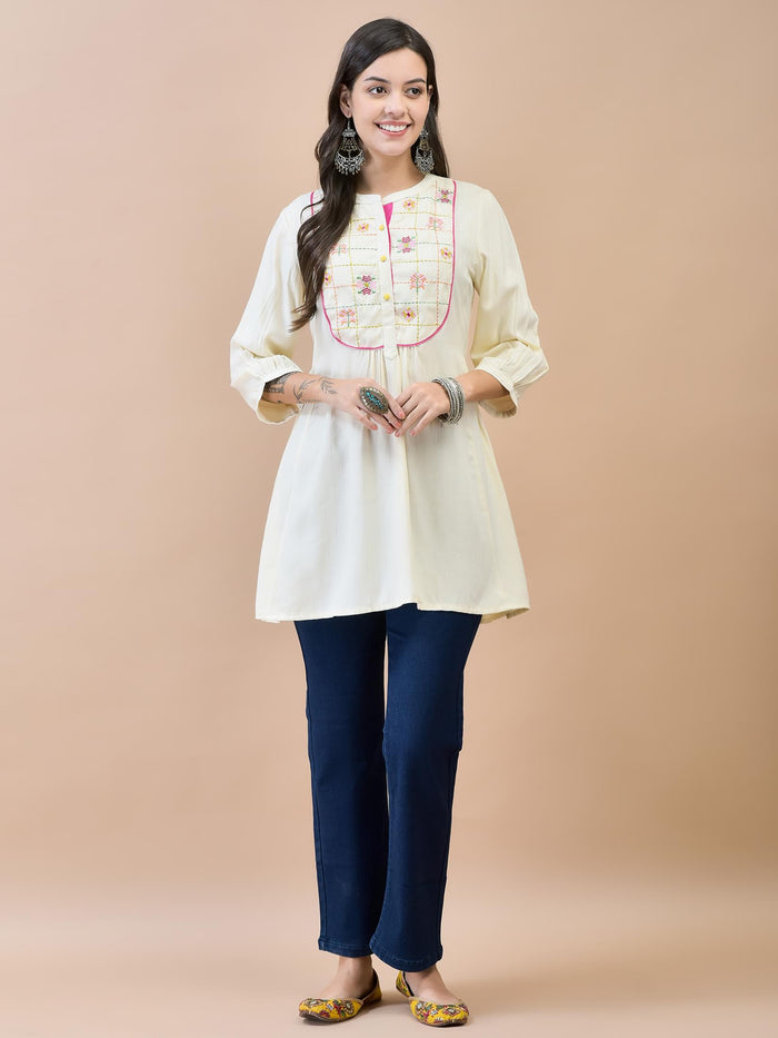 Women Liva (Rayon) Off White Embroidered Tunic.