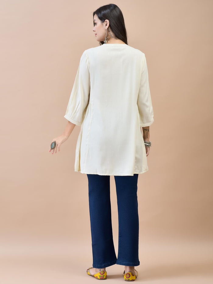Women Liva (Rayon) Off White Embroidered Tunic.