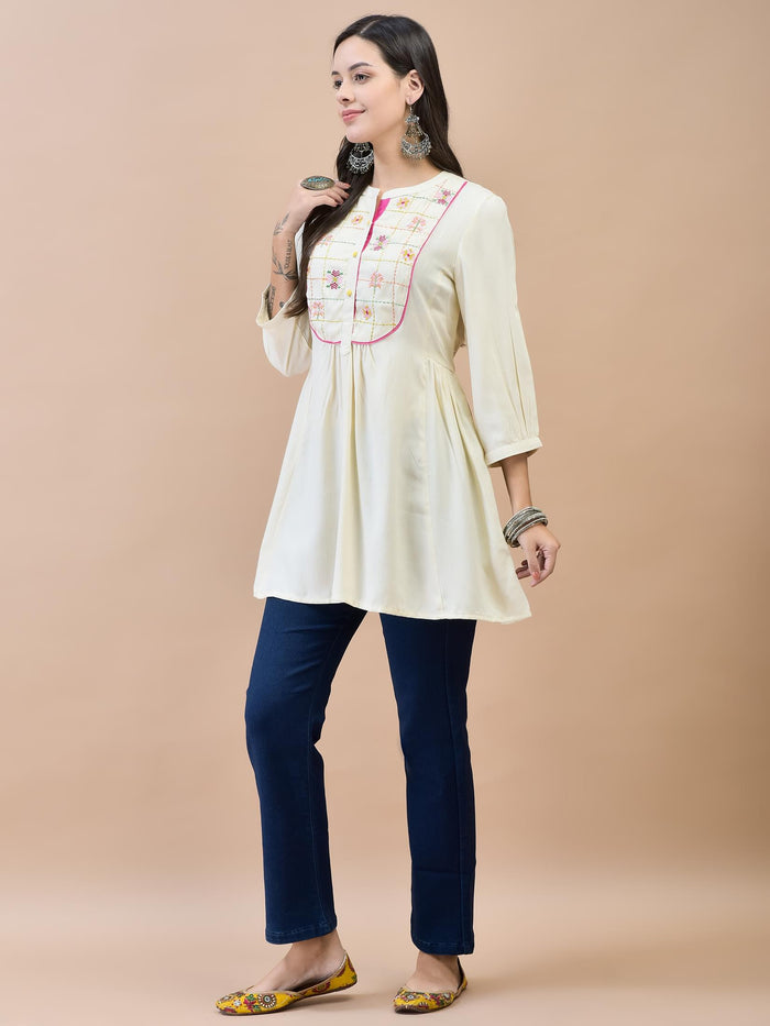 Women Liva (Rayon) Off White Embroidered Tunic.