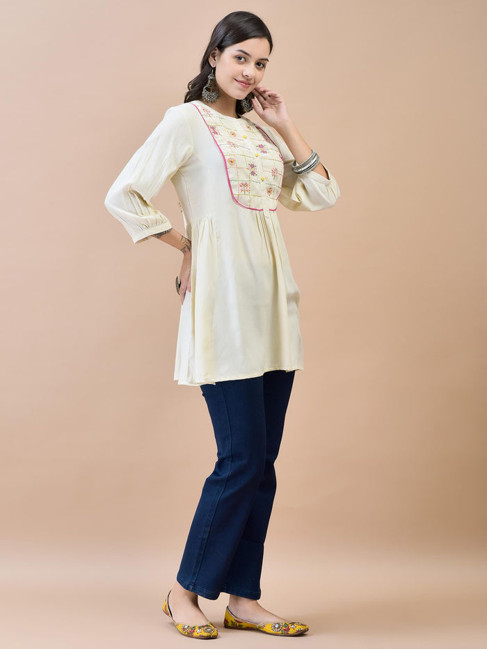 Women Liva (Rayon) Off White Embroidered Tunic.