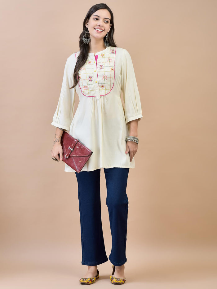 Women Liva (Rayon) Off White Embroidered Tunic.