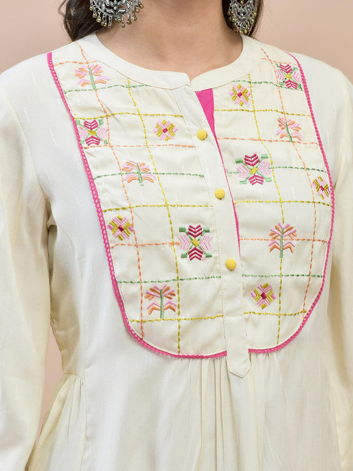 Women Liva (Rayon) Off White Embroidered Tunic.