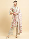 Women Liva Rayon Off White Floral Print Kurta Comfort Pant Dupatta.