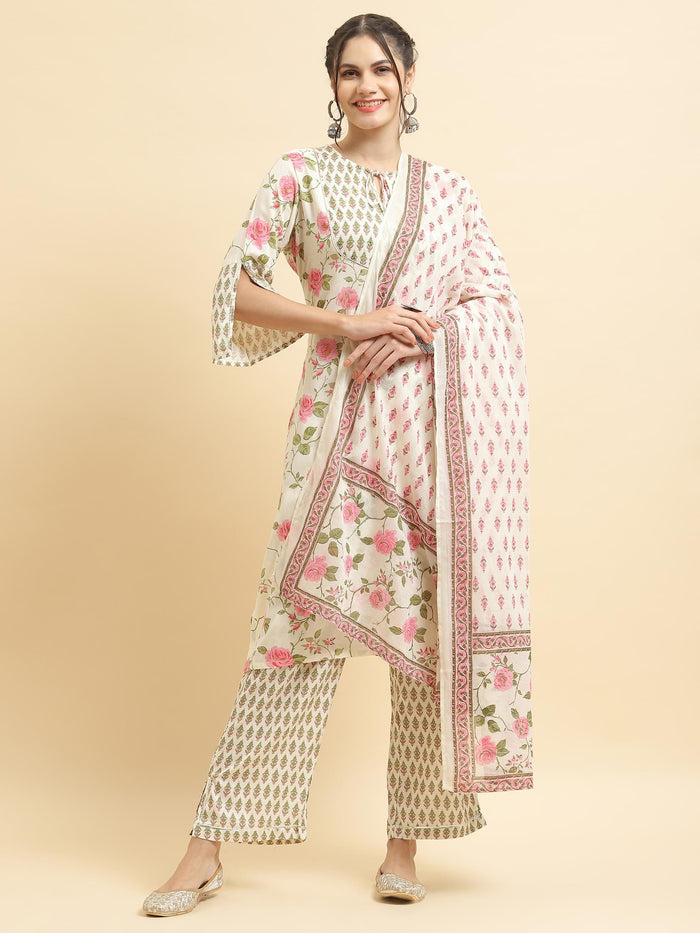 Women Liva Rayon Off White Floral Print Kurta Comfort Pant Dupatta.
