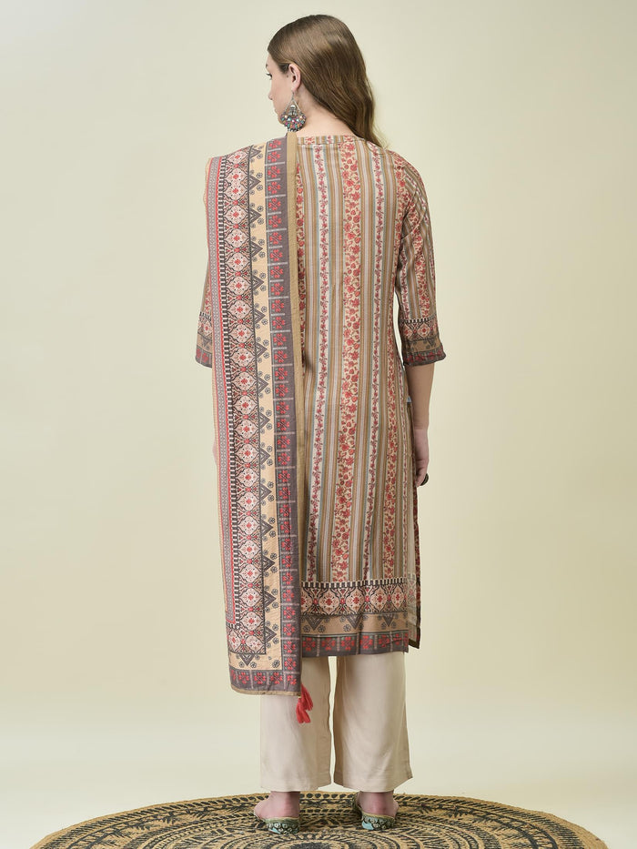 Women Liva Rayon Off White Floral Print Kurta Comfort Pant Dupatta.