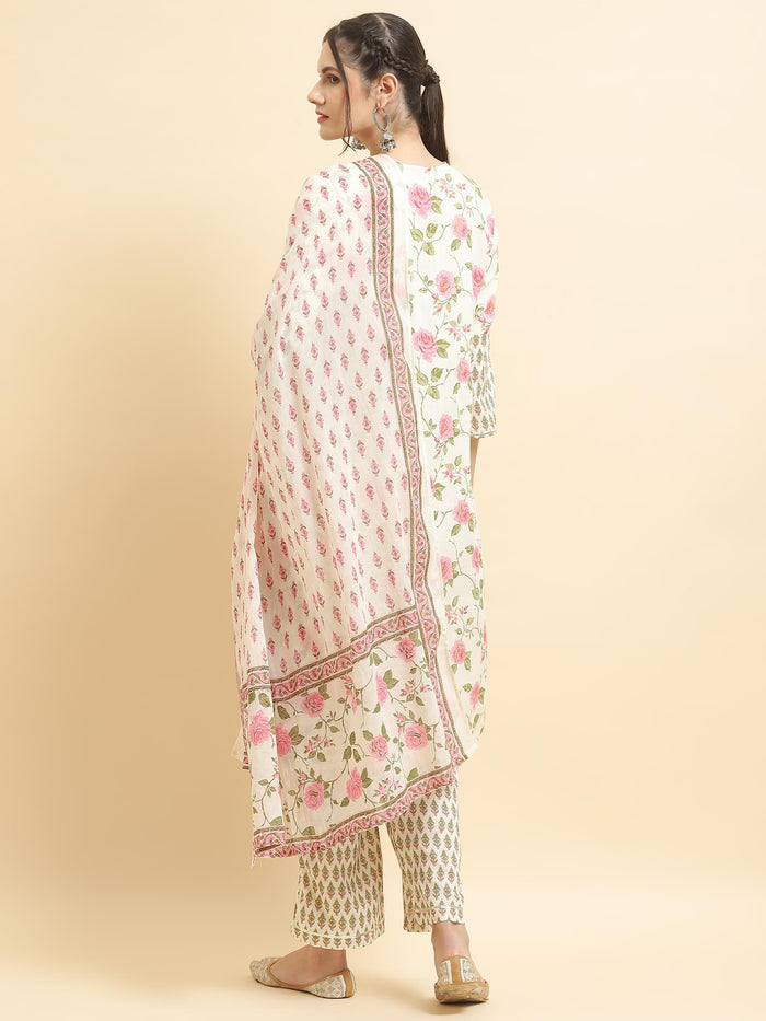 Women Liva Rayon Off White Floral Print Kurta Comfort Pant Dupatta.