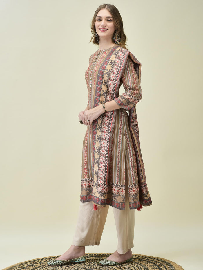 Women Liva Rayon Off White Floral Print Kurta Comfort Pant Dupatta.