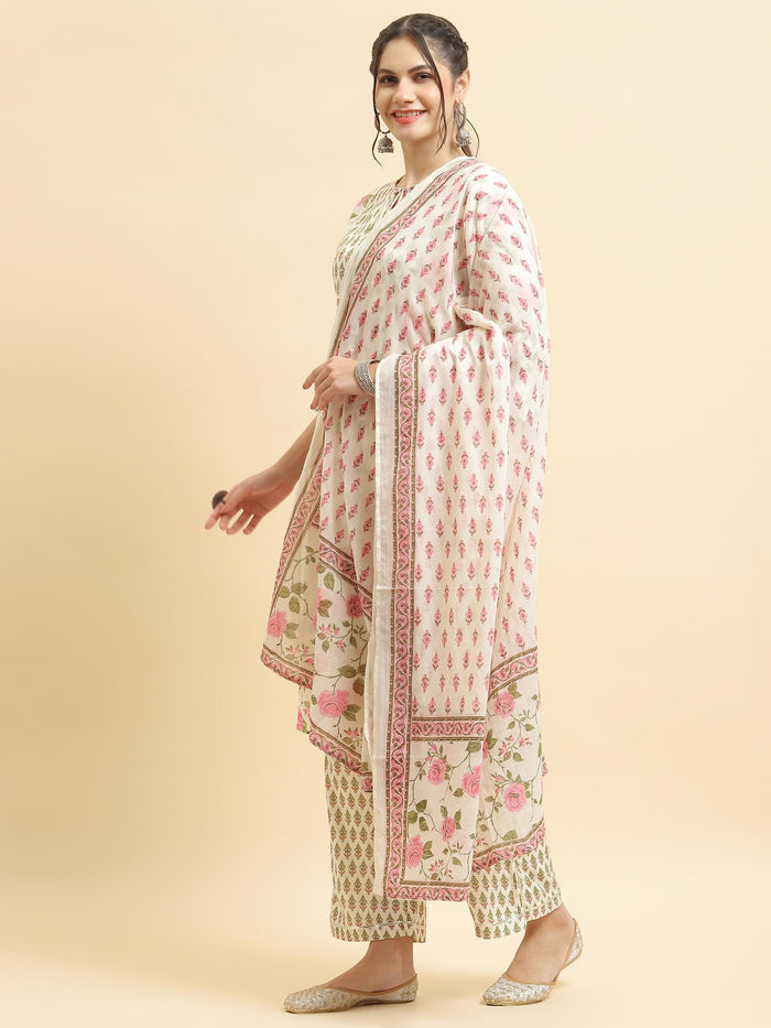 Women Liva Rayon Off White Floral Print Kurta Comfort Pant Dupatta.