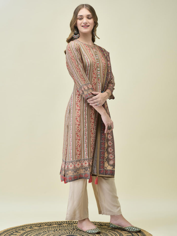 Women Liva Rayon Off White Floral Print Kurta Comfort Pant Dupatta.