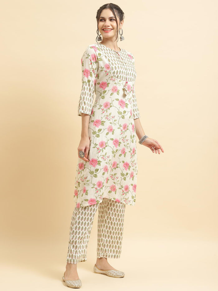 Women Liva Rayon Off White Floral Print Kurta Comfort Pant Dupatta.