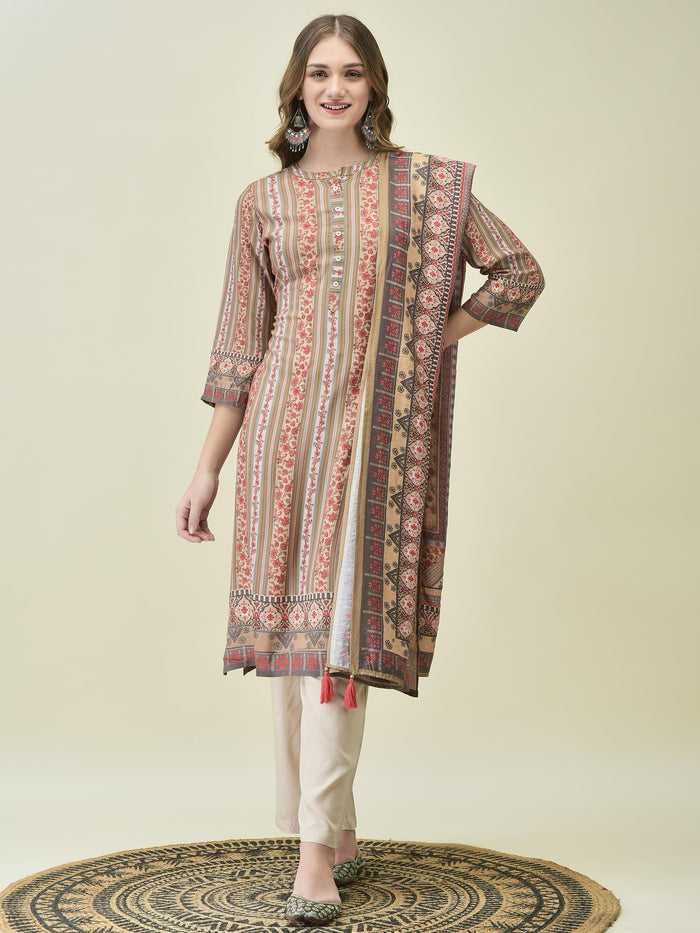 Women Liva Rayon Off White Floral Print Kurta Comfort Pant Dupatta.