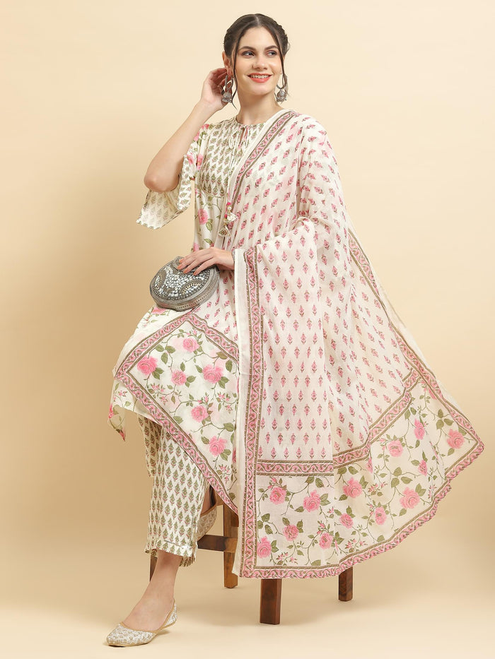 Women Liva Rayon Off White Floral Print Kurta Comfort Pant Dupatta.