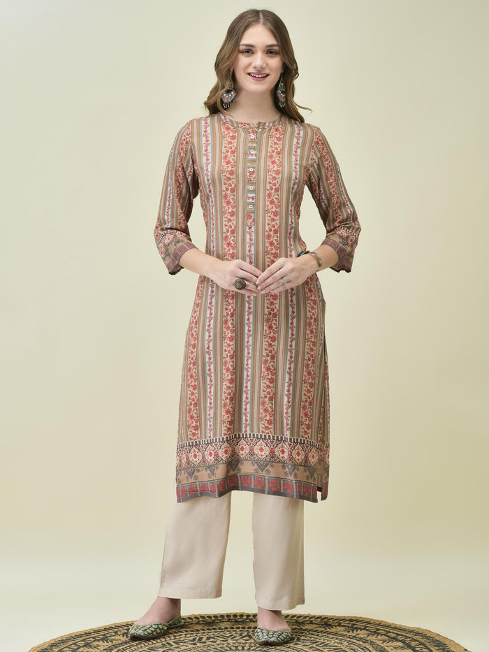 Women Liva Rayon Off White Floral Print Kurta Comfort Pant Dupatta.
