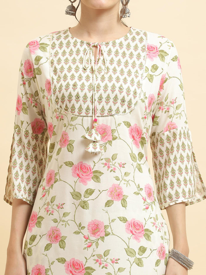 Women Liva Rayon Off White Floral Print Kurta Comfort Pant Dupatta.