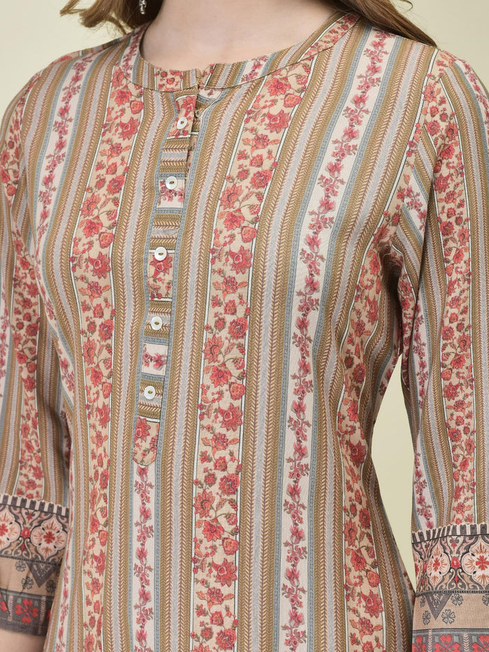 Women Liva Rayon Off White Floral Print Kurta Comfort Pant Dupatta.