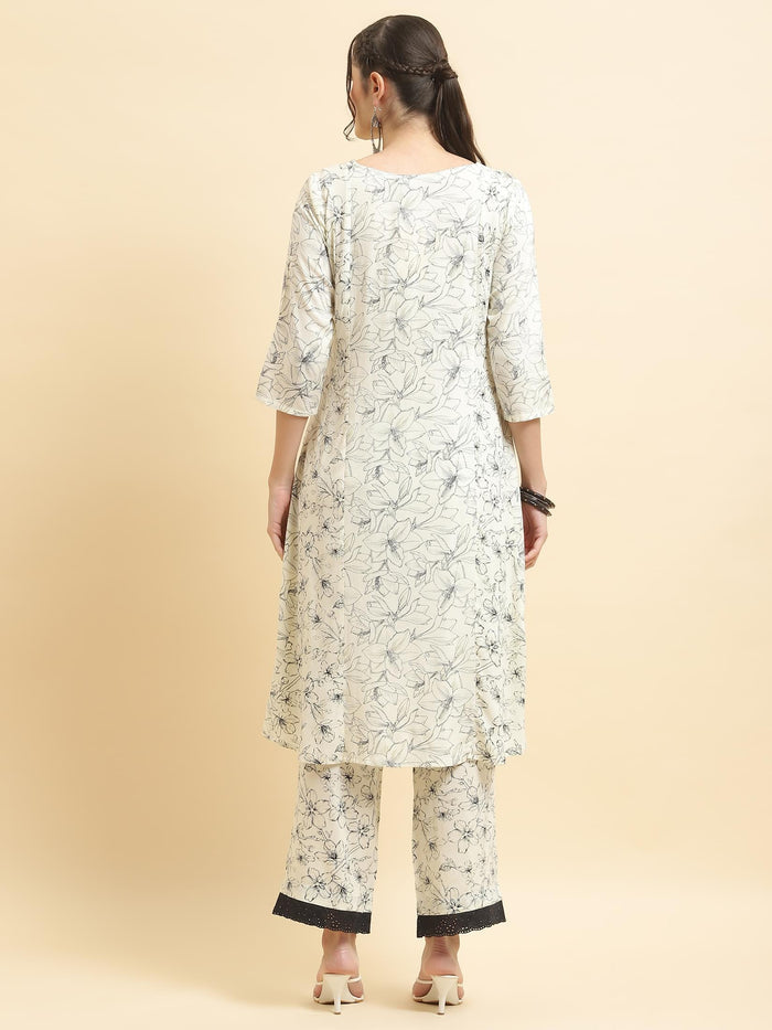 Women Liva Rayon Off White Floral Print Kurta With Comfort Pant.