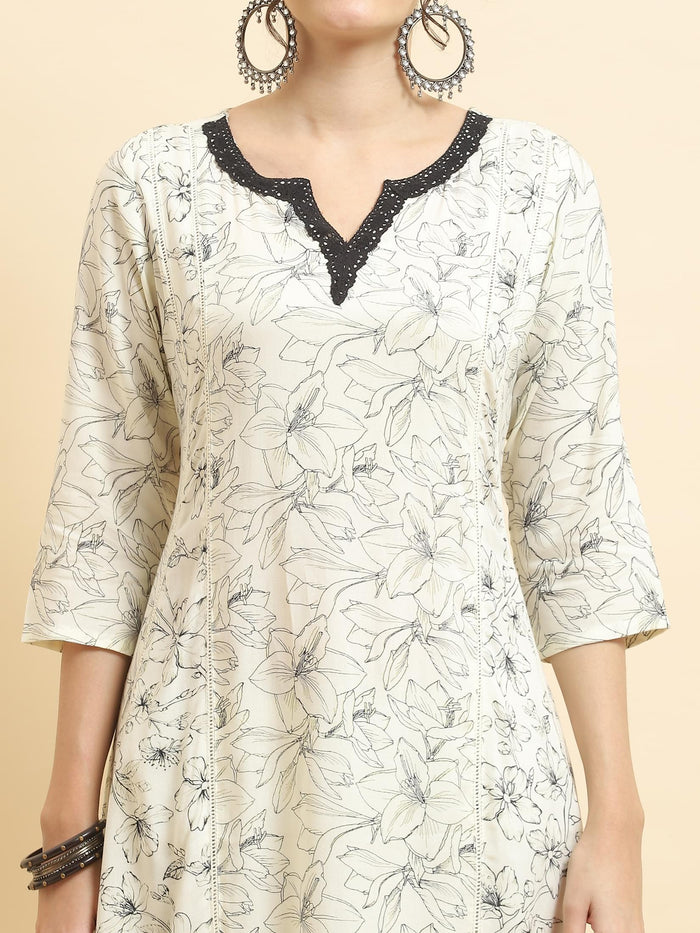 Women Liva Rayon Off White Floral Print Kurta With Comfort Pant.