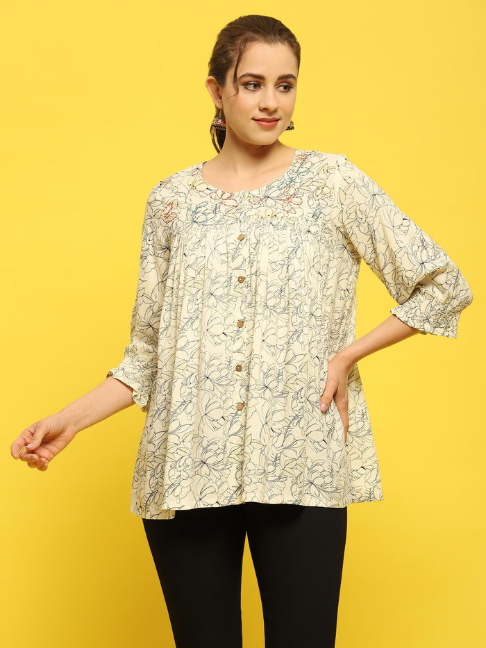 Women Liva Rayon Off White Floral Print Tunic.