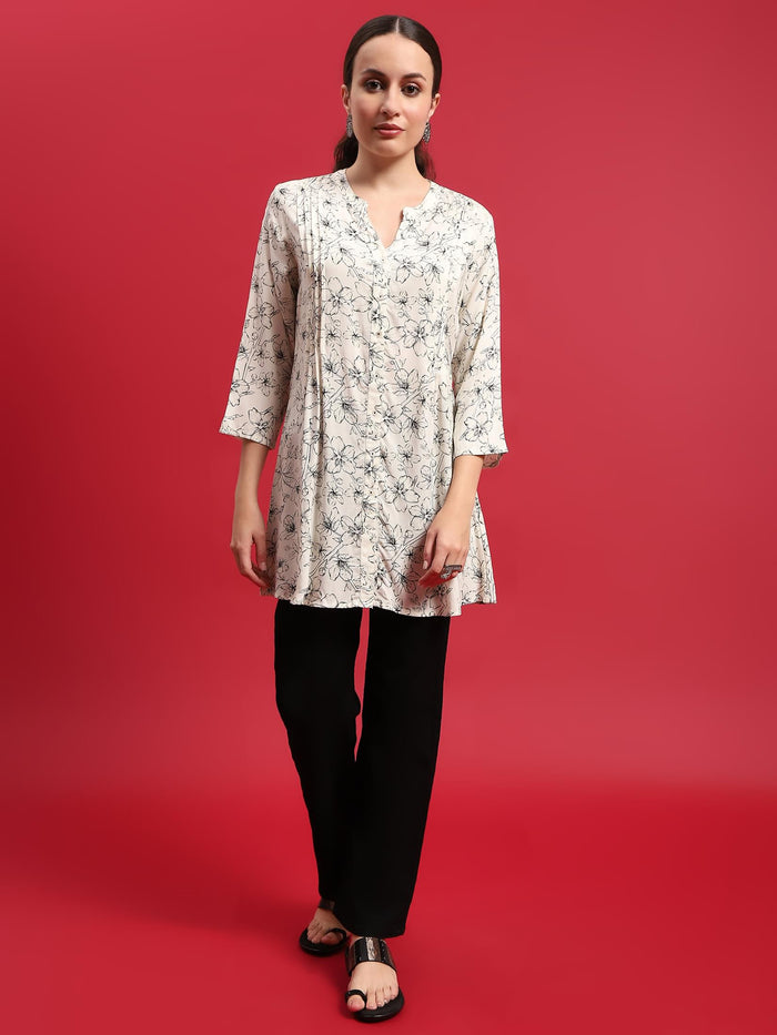 Women Liva (Rayon) Off White Floral Print Tunic.